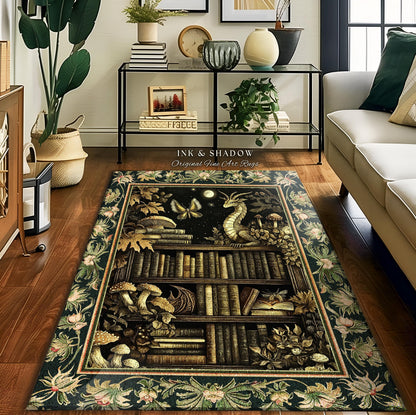 Enchanted Library Dragon Rug Mystical Dark Academia Bookshelf Fantasy Folklore Decor | Vintage Gothic Cottagecore Bookish Reading Nook Art