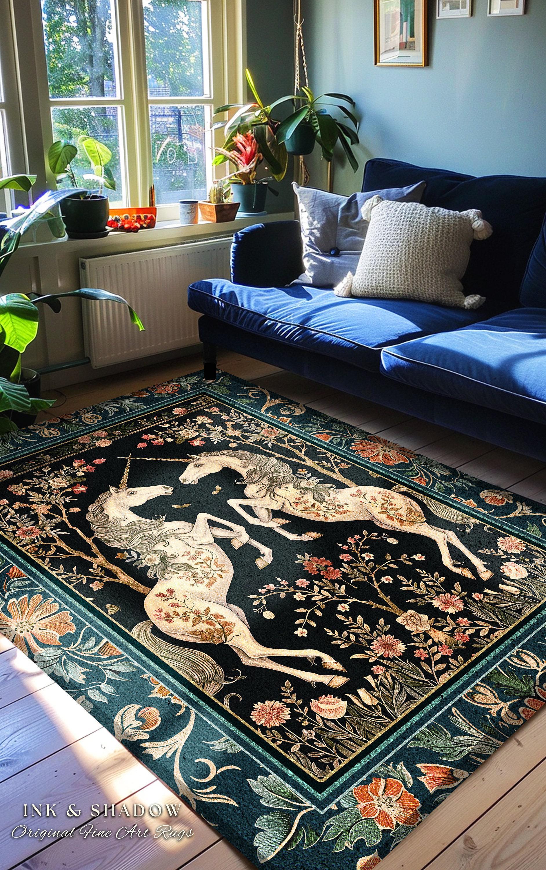 Medieval Folklore Floral Unicorn Rug | Fairytale Aesthetic Woodland Cottagecore Home Accent Rug Fantasy Storybook Whimsical Teal Bedroom |