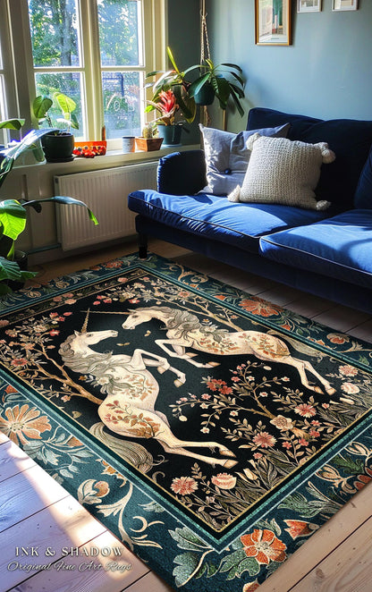 Medieval Folklore Floral Unicorn Rug | Fairytale Aesthetic Woodland Cottagecore Home Accent Rug Fantasy Storybook Whimsical Teal Bedroom |