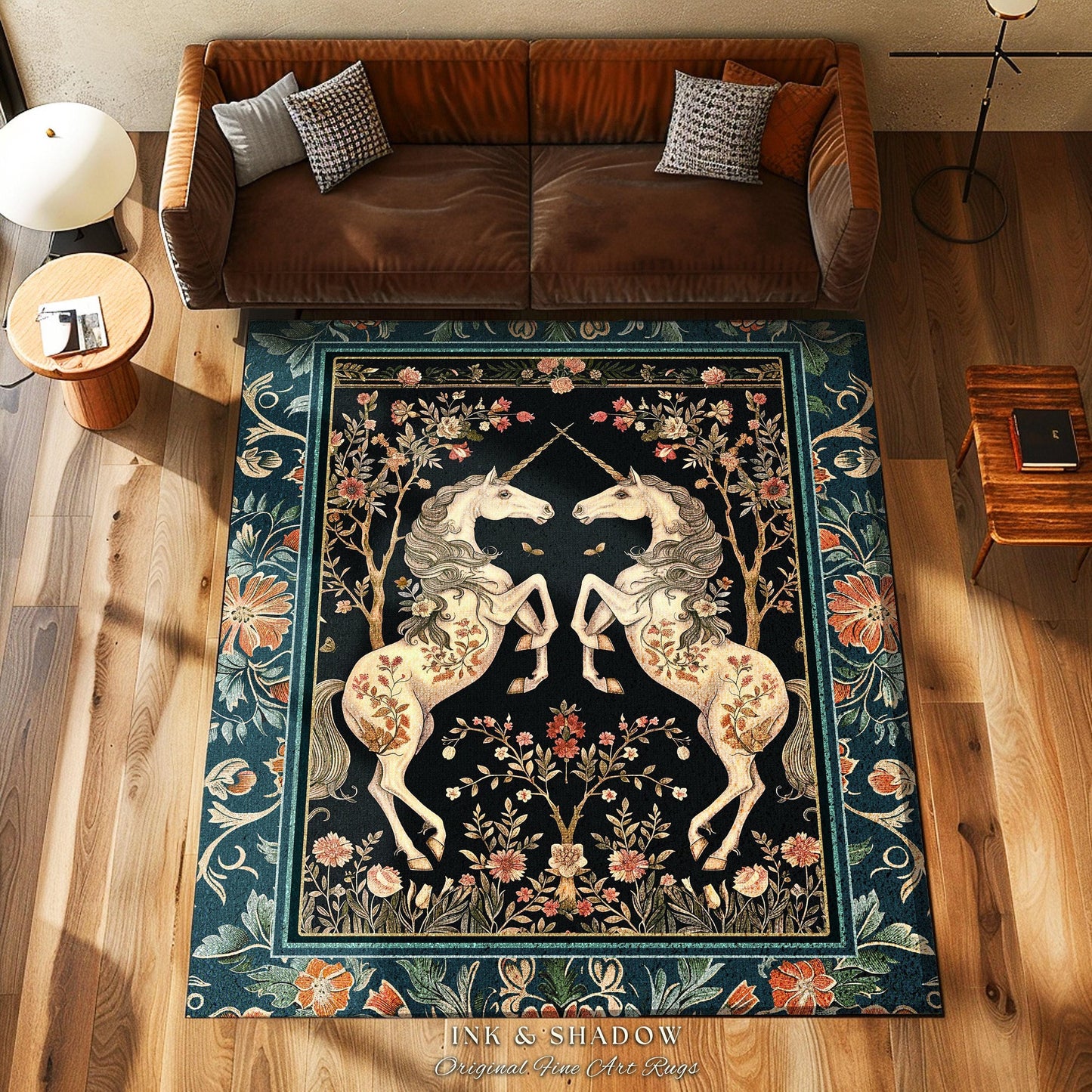 Medieval Folklore Floral Unicorn Rug | Fairytale Aesthetic Woodland Cottagecore Home Accent Rug Fantasy Storybook Whimsical Teal Bedroom |