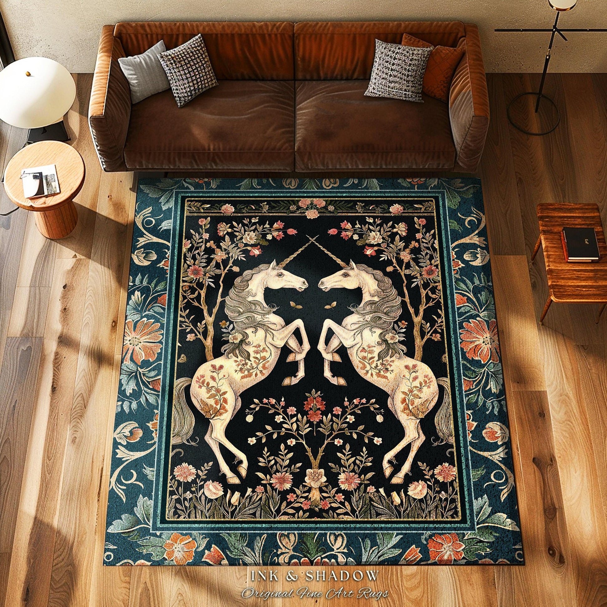 Medieval Folklore Floral Unicorn Rug | Fairytale Aesthetic Woodland Cottagecore Home Accent Rug Fantasy Storybook Whimsical Teal Bedroom |