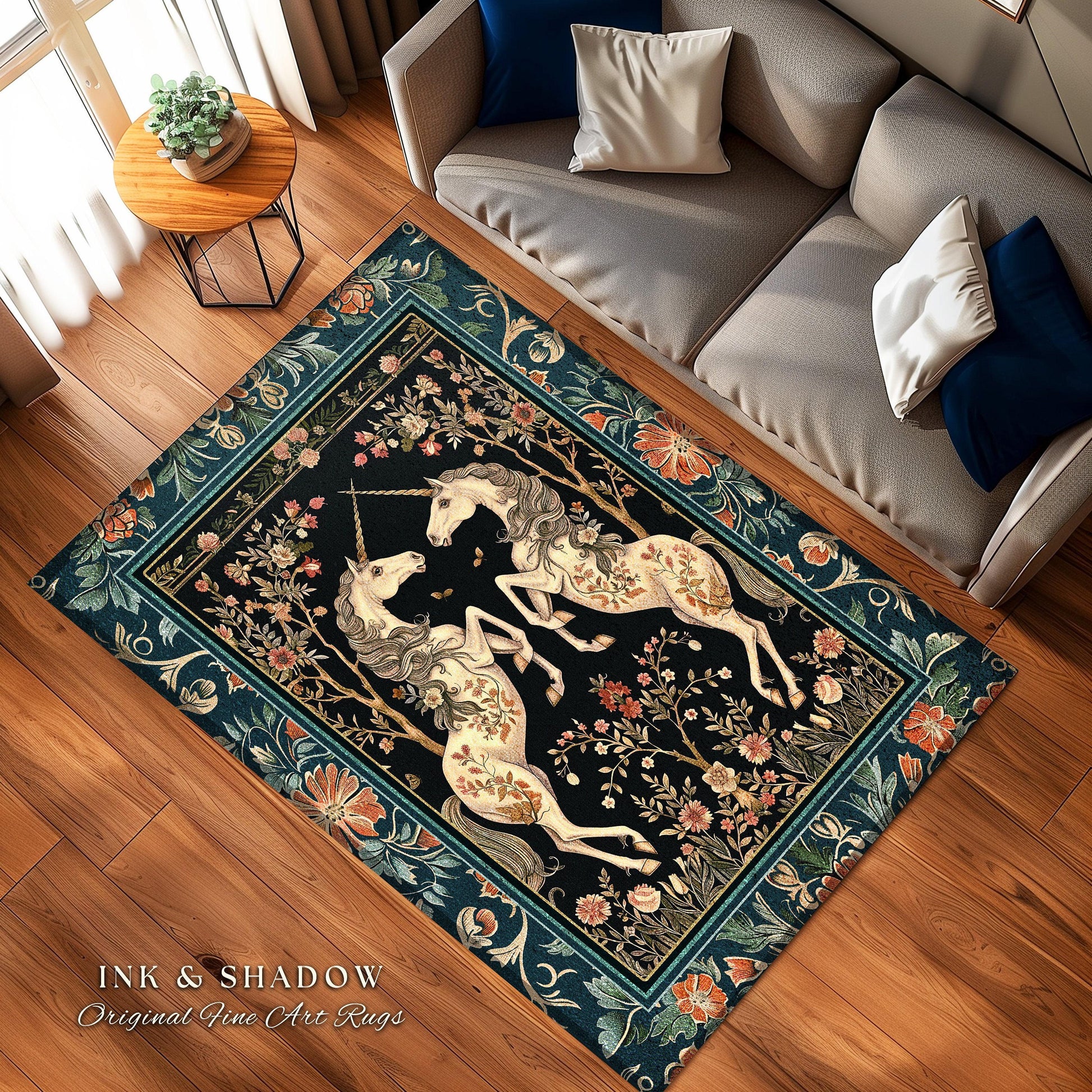 Medieval Folklore Floral Unicorn Rug | Fairytale Aesthetic Woodland Cottagecore Home Accent Rug Fantasy Storybook Whimsical Teal Bedroom |
