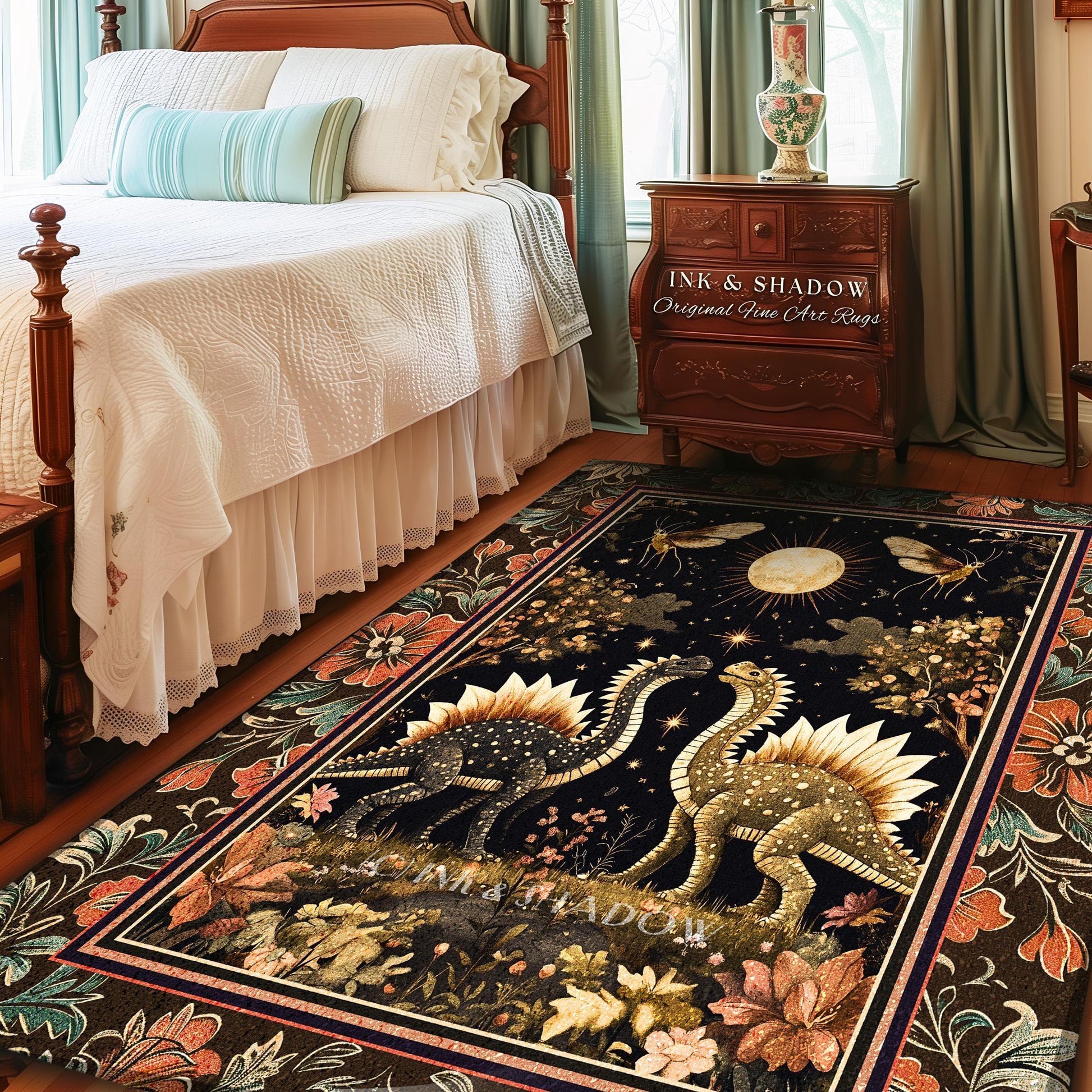Rustic Elegance Dinosaur Decor Woodland Gothic Celestial Stegosaurus Rug Antique Baroque Aesthetic Enchanted Forestcore Art Home Accent