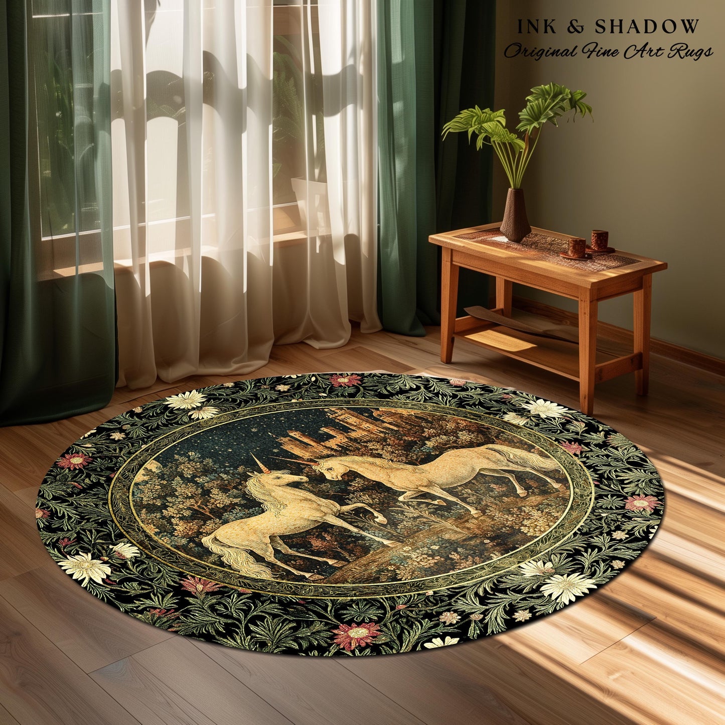 Dreamy Castle Landscape Unicorn Rug | Whimsical Elegance Bedroom Accent Rug Magical Storybook Aesthetic Fairytale Landscape Enchanted Style