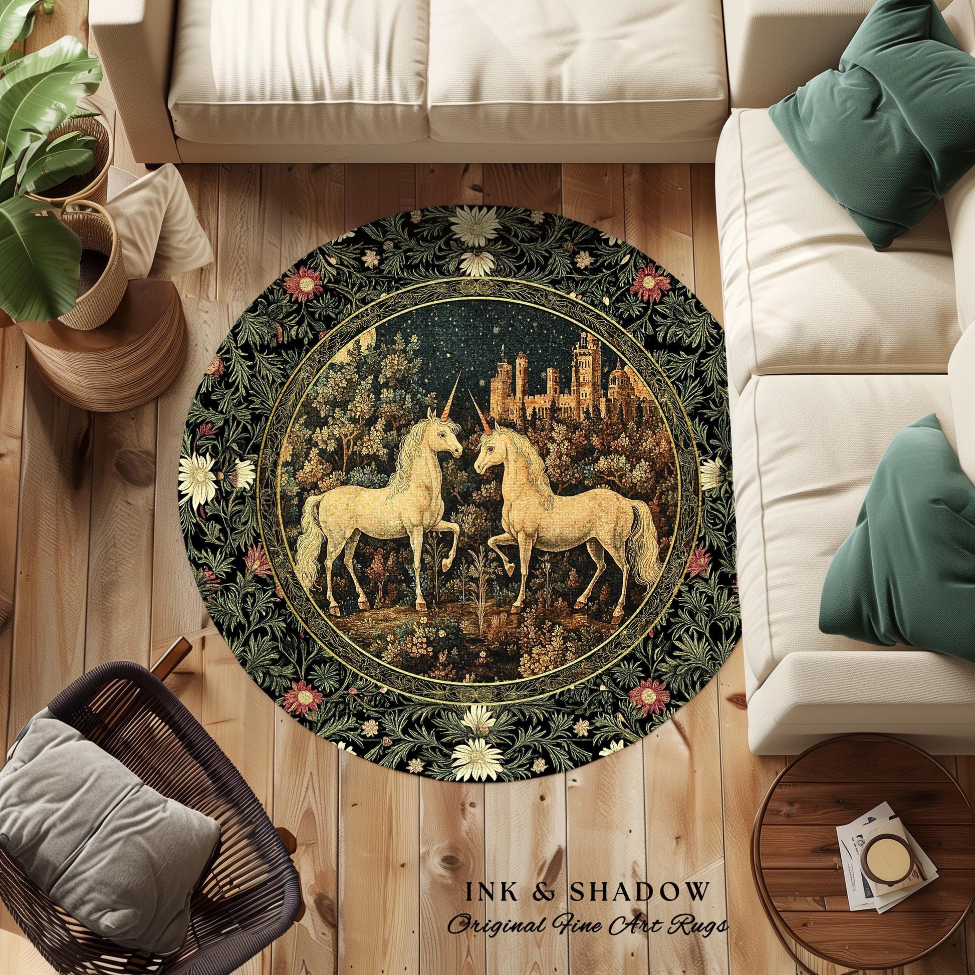 Dreamy Castle Landscape Unicorn Rug | Whimsical Elegance Bedroom Accent Rug Magical Storybook Aesthetic Fairytale Landscape Enchanted Style
