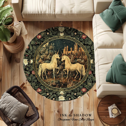 Dreamy Castle Landscape Unicorn Rug | Whimsical Elegance Bedroom Accent Rug Magical Storybook Aesthetic Fairytale Landscape Enchanted Style