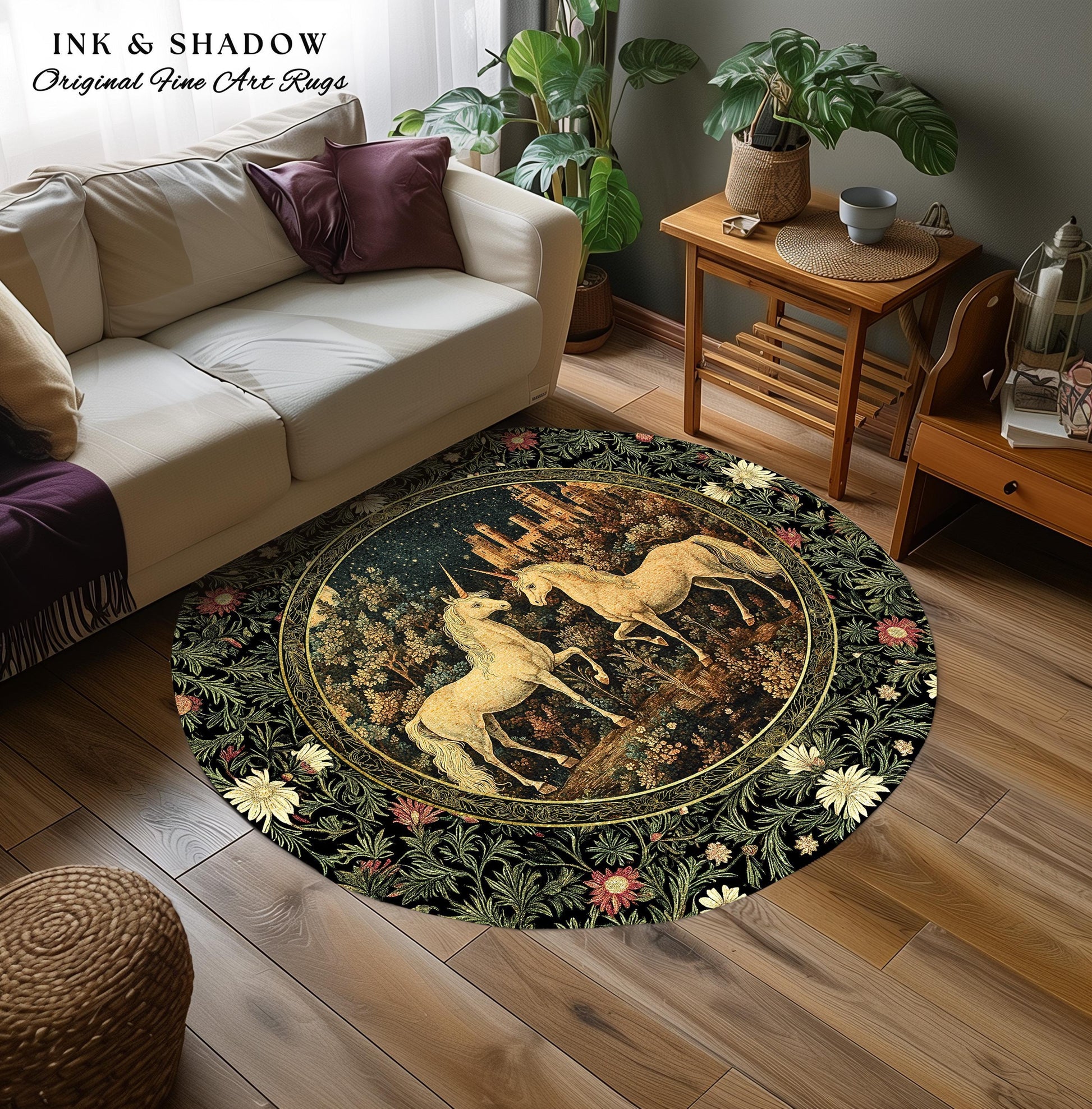 Dreamy Castle Landscape Unicorn Rug | Whimsical Elegance Bedroom Accent Rug Magical Storybook Aesthetic Fairytale Landscape Enchanted Style