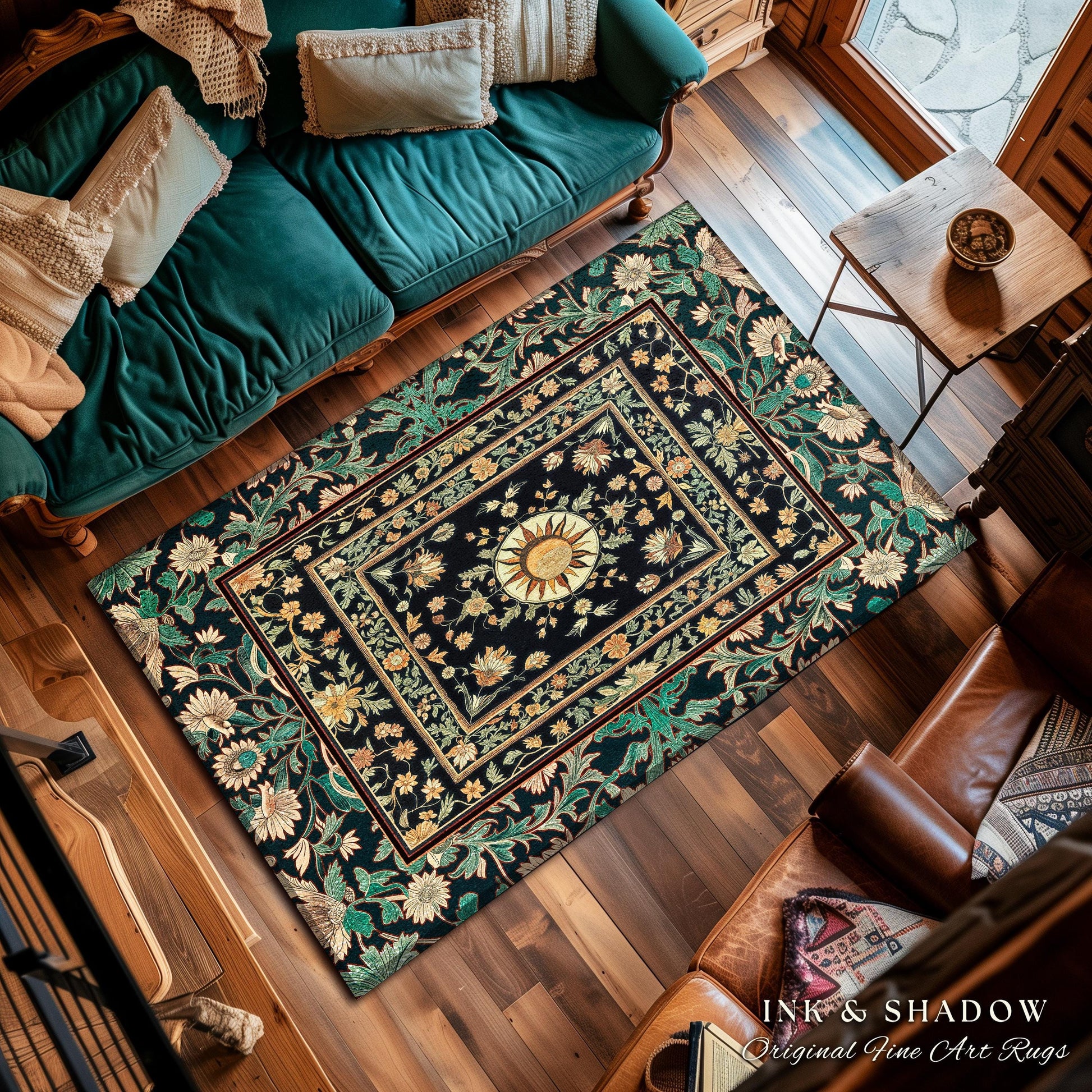 Witchy Sun Dark Academia Rug | Bohemian Rustic Whimsical Gothic Maximalist Bedroom Rug Whimsical Celestial Astrology Aesthetic Magical Home