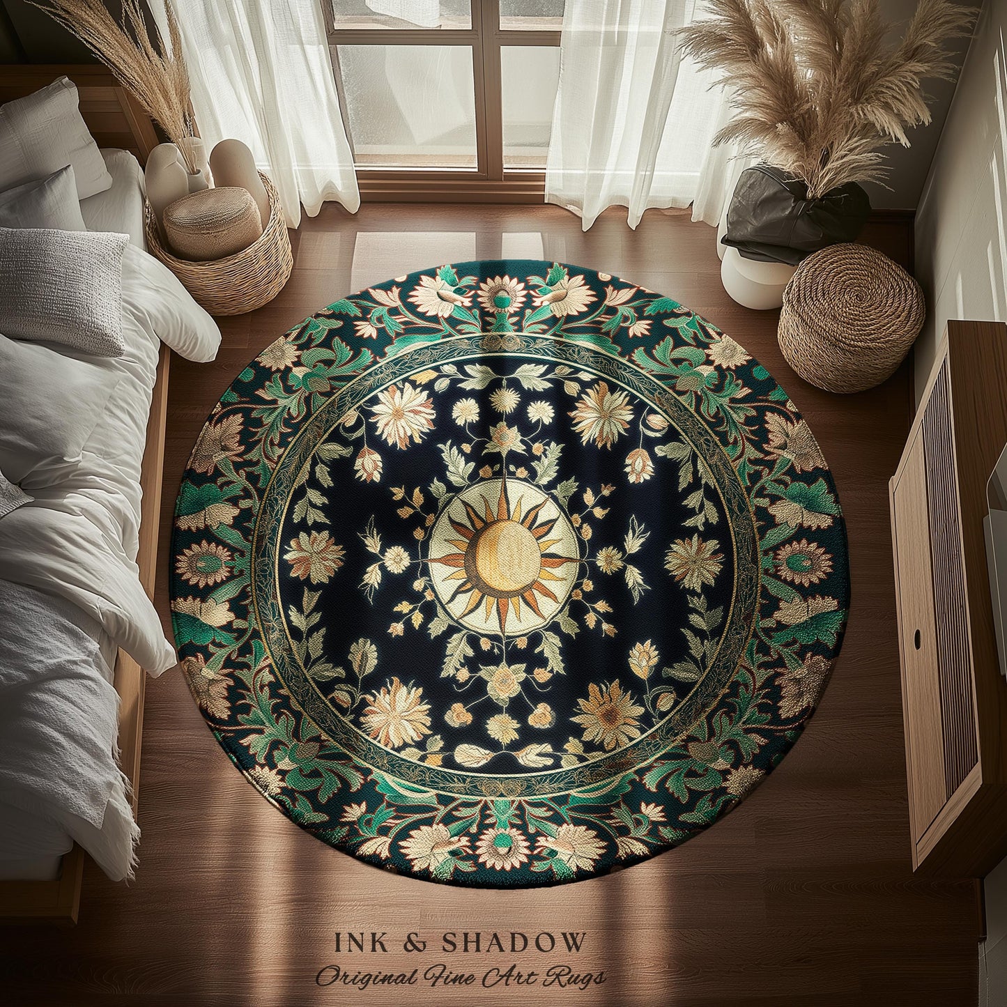 Witchy Sun Dark Academia Rug | Bohemian Rustic Whimsical Gothic Maximalist Bedroom Rug Whimsical Celestial Astrology Aesthetic Magical Home