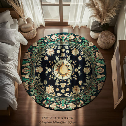 Witchy Sun Dark Academia Rug | Bohemian Rustic Whimsical Gothic Maximalist Bedroom Rug Whimsical Celestial Astrology Aesthetic Magical Home