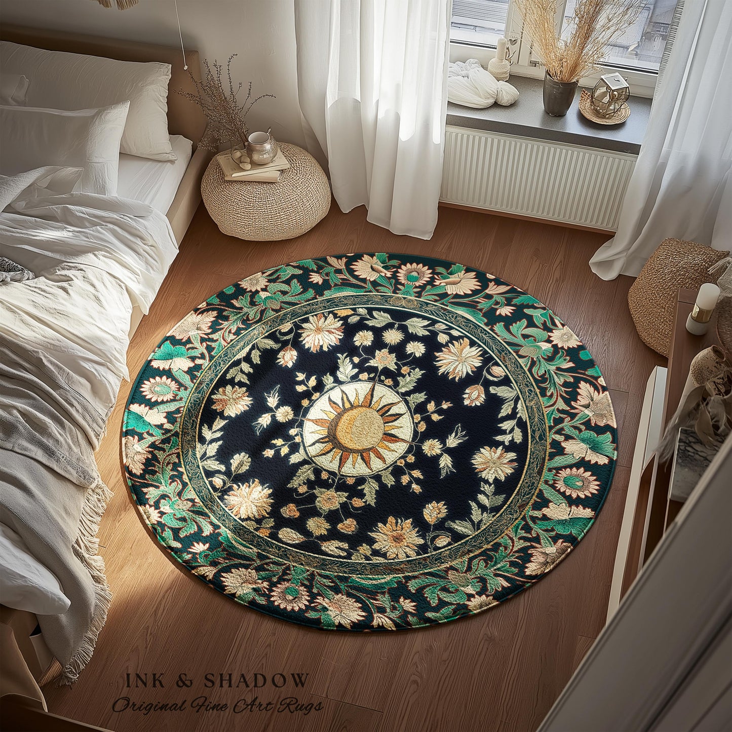 Witchy Sun Dark Academia Rug | Bohemian Rustic Whimsical Gothic Maximalist Bedroom Rug Whimsical Celestial Astrology Aesthetic Magical Home