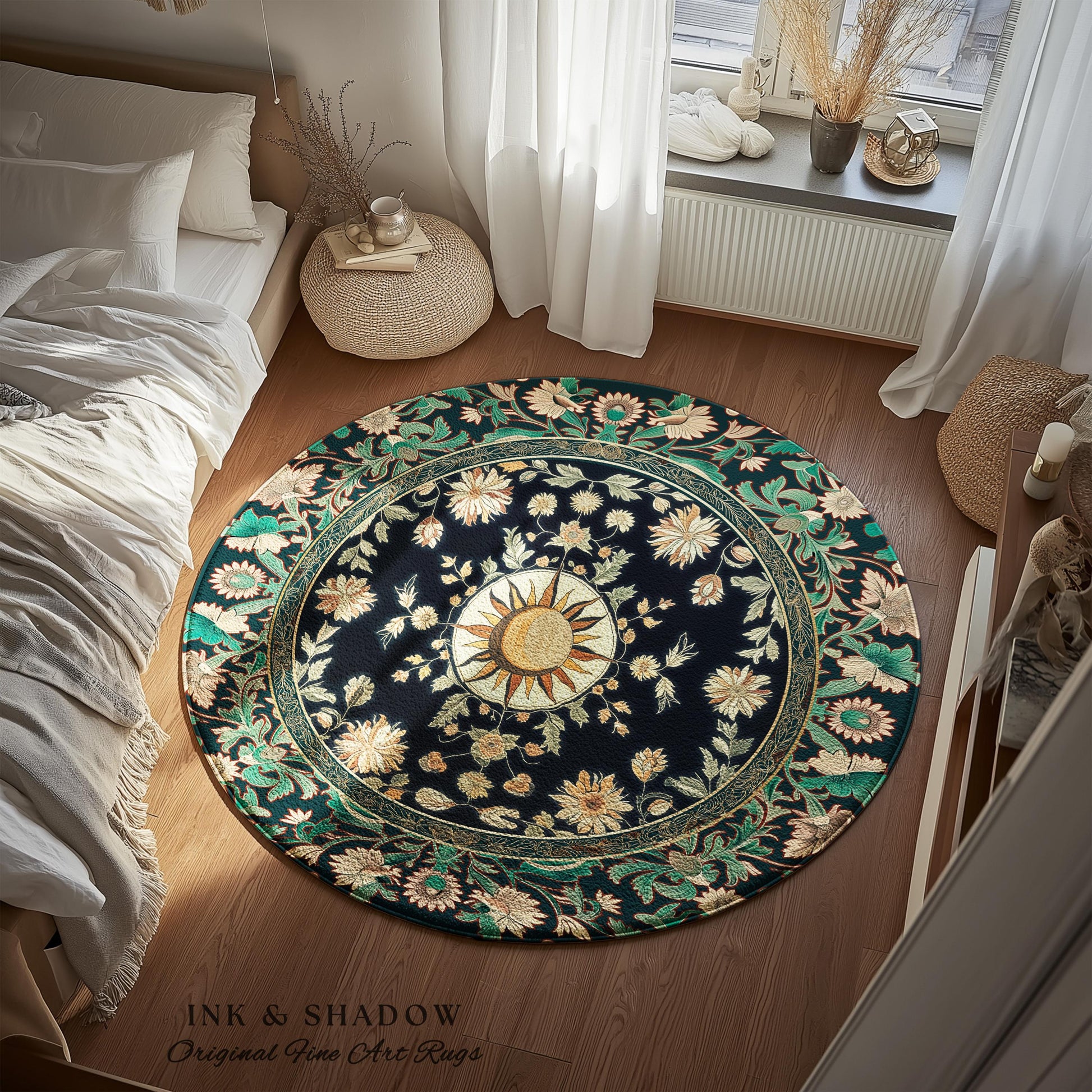Witchy Sun Dark Academia Rug | Bohemian Rustic Whimsical Gothic Maximalist Bedroom Rug Whimsical Celestial Astrology Aesthetic Magical Home