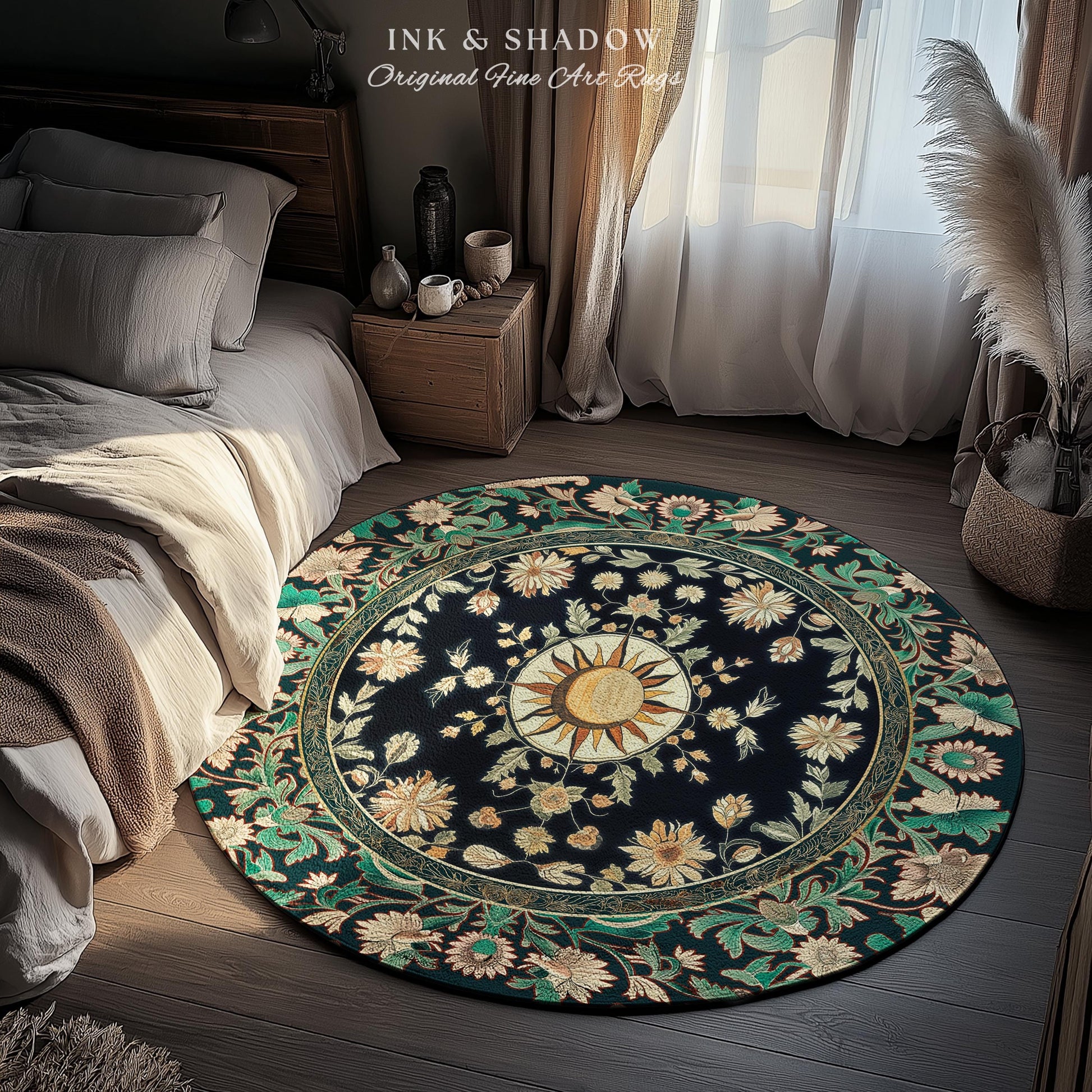 Witchy Sun Dark Academia Rug | Bohemian Rustic Whimsical Gothic Maximalist Bedroom Rug Whimsical Celestial Astrology Aesthetic Magical Home