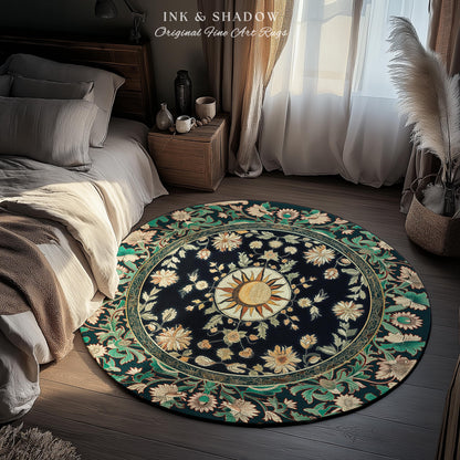 Witchy Sun Dark Academia Rug | Bohemian Rustic Whimsical Gothic Maximalist Bedroom Rug Whimsical Celestial Astrology Aesthetic Magical Home