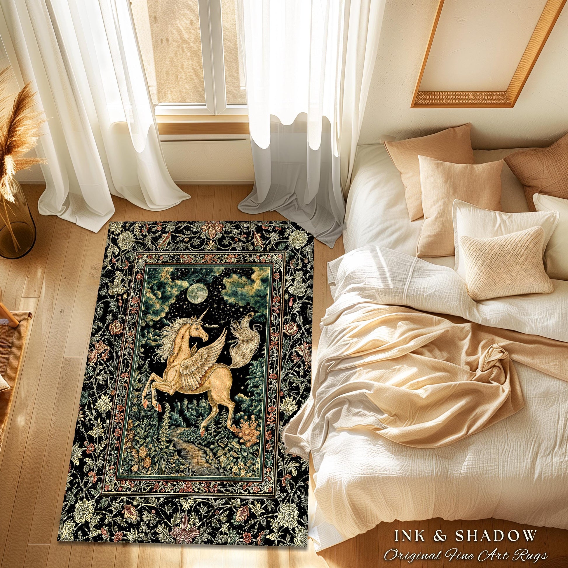 Celestial Pegasus Unicorn Forest Rug | Baroque Bedroom Decor Romantic Maximalist Fairytale Cottagecore Style Whimsical Castlecore Accent