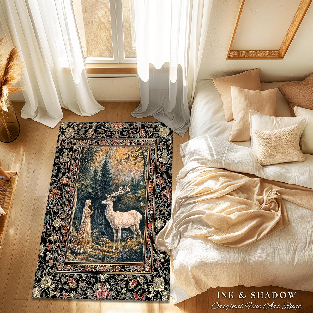 Mythic Landscape Gothic Forest Rug | Woodland Goddess Mystic Deer Forest Nymph Fairycore Home Accent Magical Deer Botanical Scene Home Decor