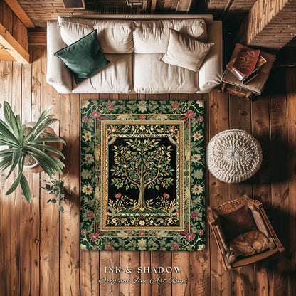 Folk Art Tree of Life Accent Rug | Whimsical Pastel Botanical Theme Symmetrical Floral Ornate Home Accent Classic Aesthetic Medieval Style