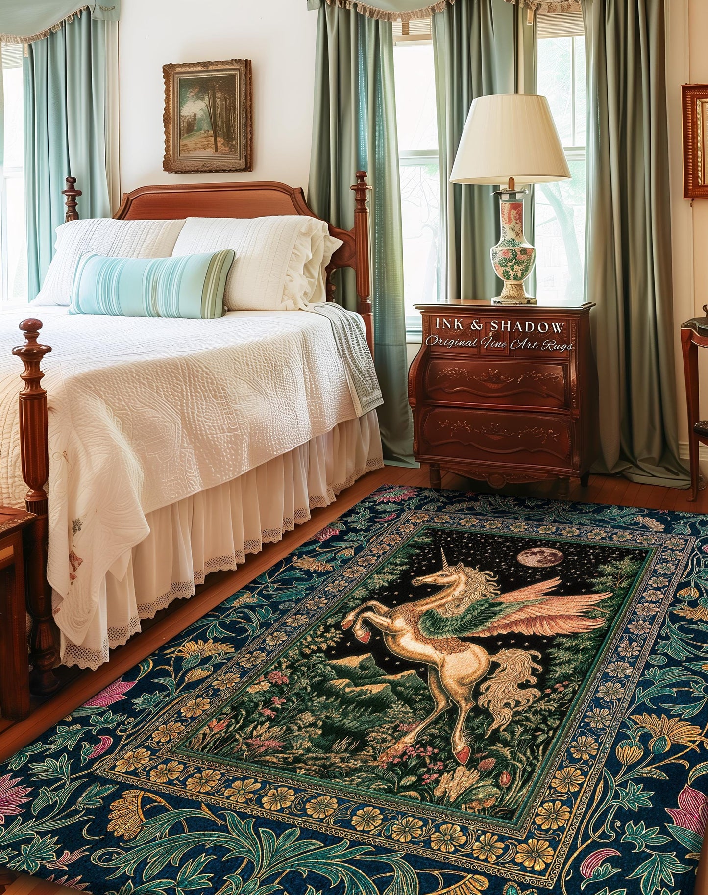 Winged Unicorn Full Moon Fantasy Rug | Enchanted Forest Fairytale Decor Baroque Regal Castlecore Style Romantic Maximalist Fantasy Gothic |