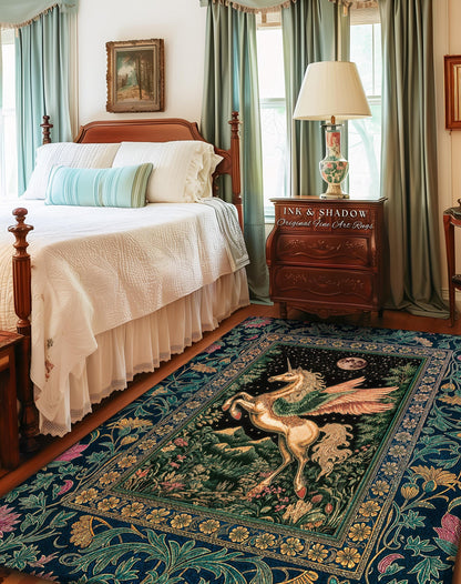 Winged Unicorn Full Moon Fantasy Rug | Enchanted Forest Fairytale Decor Baroque Regal Castlecore Style Romantic Maximalist Fantasy Gothic |