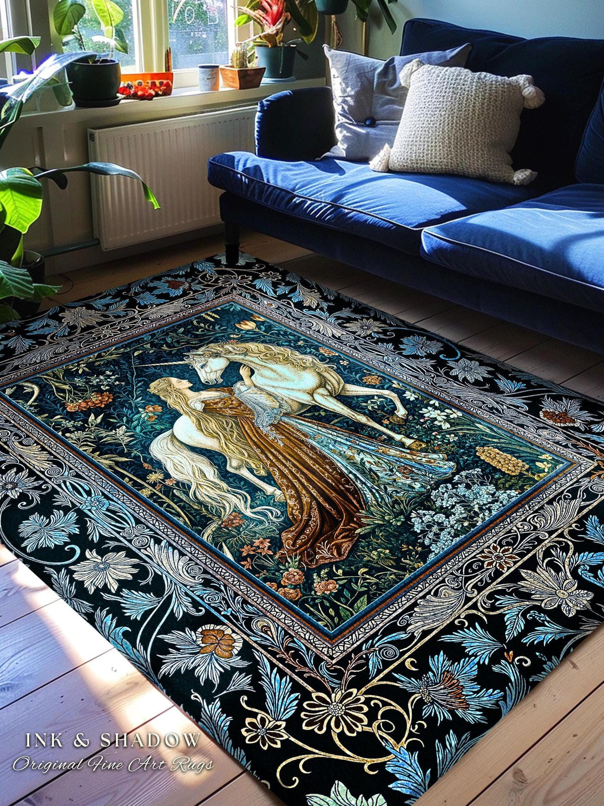 Moody Medieval Rococo Maiden Unicorn Area Rug | Vintage Fantasy Baroque Royalcore Cool Hues Storybook Home Decor Mystical Romantic Floor Art