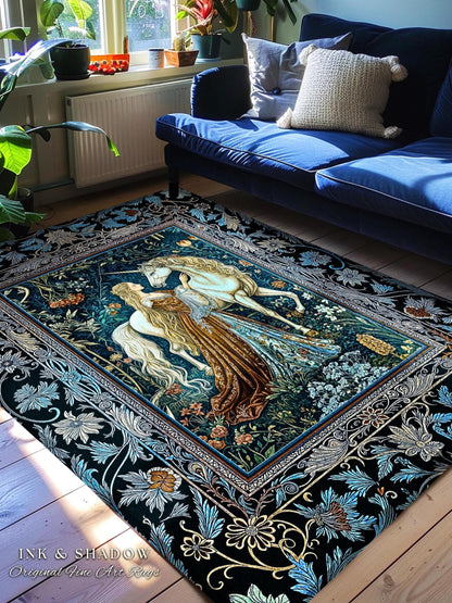 Moody Medieval Rococo Maiden Unicorn Area Rug | Vintage Fantasy Baroque Royalcore Cool Hues Storybook Home Decor Mystical Romantic Floor Art