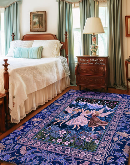 May include: A rectangular area rug with a dark blue background and a floral border. The center features a scene of three figures with wings dancing under a starry sky. The rug is placed in a bedroom setting.