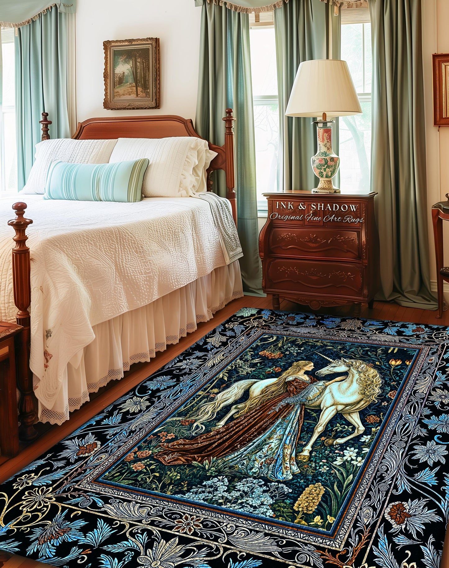 Moody Medieval Rococo Maiden Unicorn Area Rug | Vintage Fantasy Baroque Royalcore Cool Hues Storybook Home Decor Mystical Romantic Floor Art
