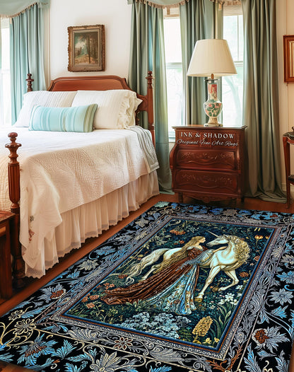 Moody Medieval Rococo Maiden Unicorn Area Rug | Vintage Fantasy Baroque Royalcore Cool Hues Storybook Home Decor Mystical Romantic Floor Art