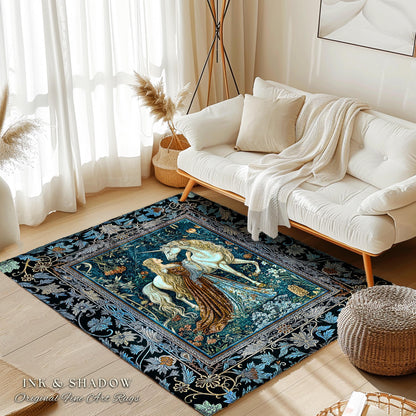 Moody Medieval Rococo Area Rug | Vintage Fantasy Bedroom Home Decor Accent Baroque Royalcore Cottagecore Romantic Decor Cool Hues Bohemian |