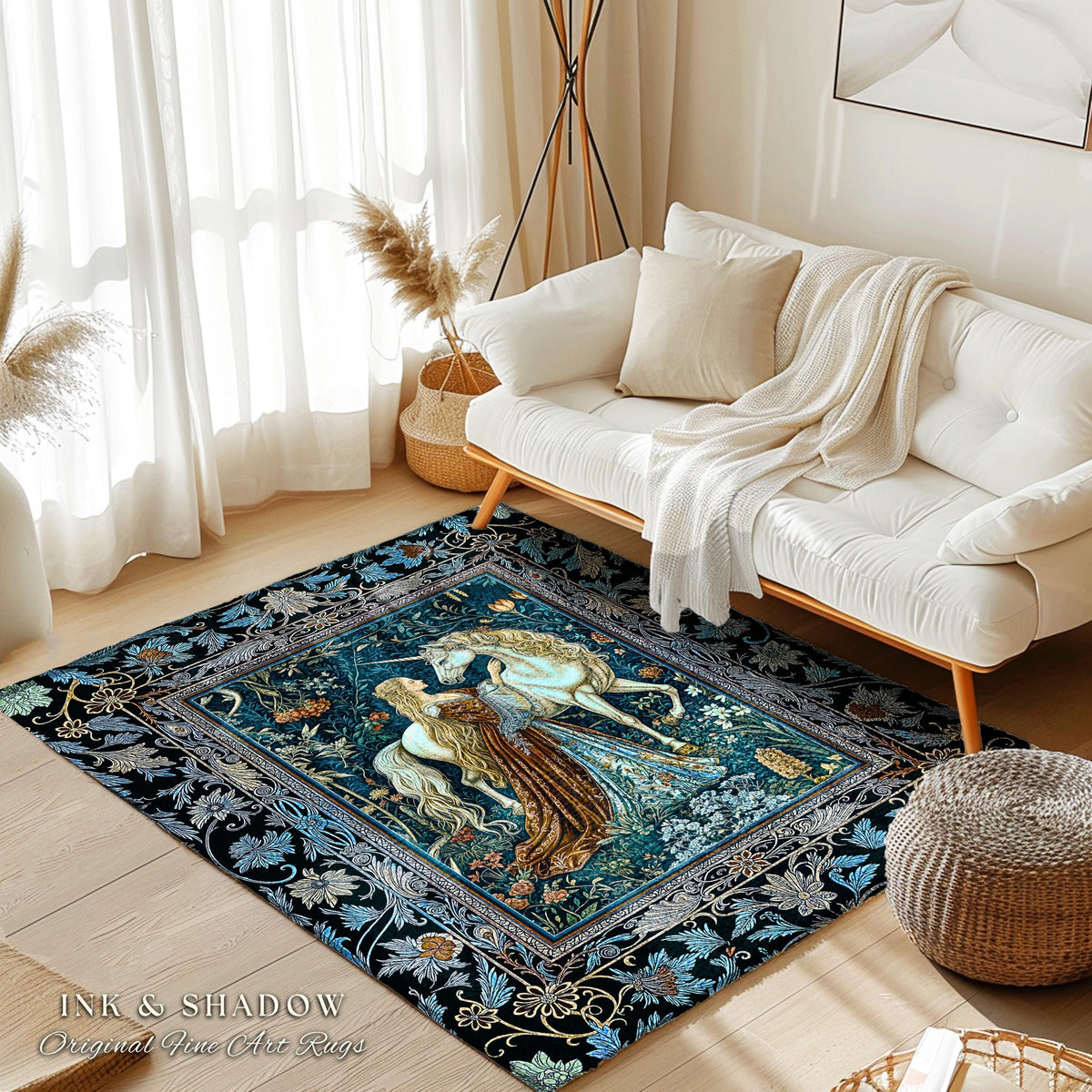 Moody Medieval Rococo Maiden Unicorn Area Rug | Vintage Fantasy Baroque Royalcore Cool Hues Storybook Home Decor Mystical Romantic Floor Art