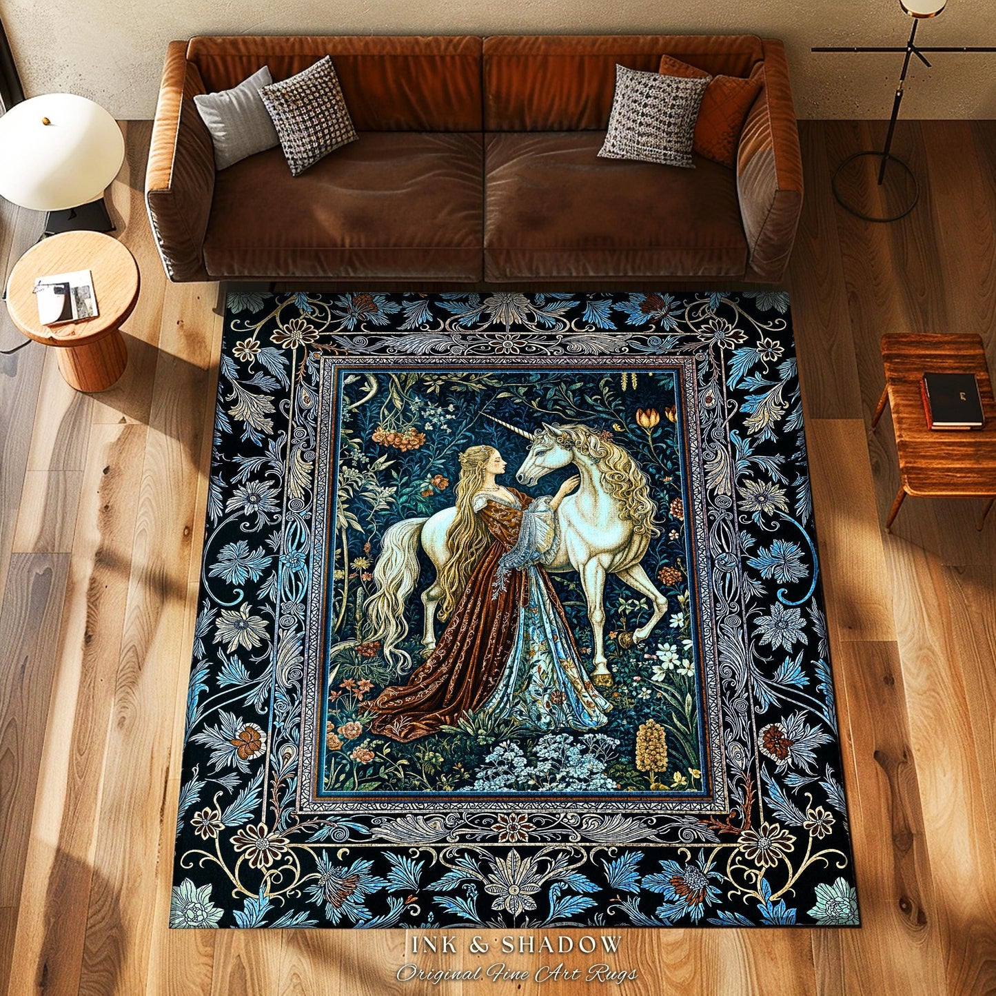 Moody Medieval Rococo Maiden Unicorn Area Rug | Vintage Fantasy Baroque Royalcore Cool Hues Storybook Home Decor Mystical Romantic Floor Art