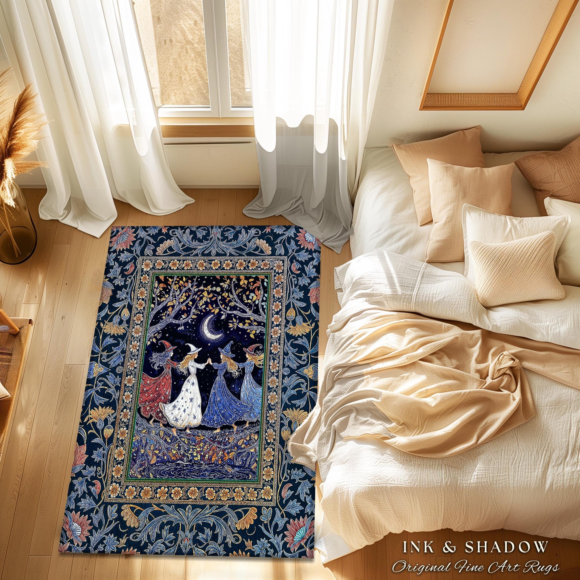 Moonlit Magic Witches Area Rug | Medieval Fairytale Floral Enchanted Witchcore Baroque Dark Folk Art Home Decor Occult Boho Bedroom Accent |