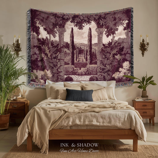 Cypress Garden Terrace Tapestry Wall Hanging | Woven Jacquard Neoclassical Italian Scenery Botanical European Estate Landscape Verdure Art