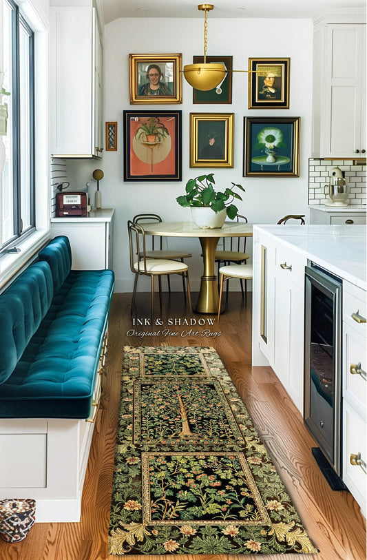 May include: A kitchen scene featuring a long, rectangular rug with a black background and a tree design. The rug is placed on a hardwood floor. The room includes a teal bench, a round table, and framed artwork on the wall. The text "INK & SHADOW Original Fine Art Rugs" is visible.