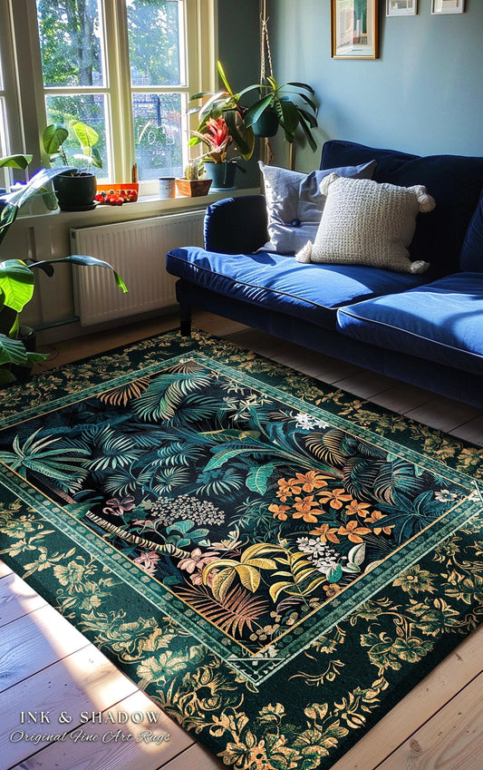 May include: A rectangular rug with a dark green background and a tropical leaf pattern. The rug features a border with floral designs and the text "INK & SHADOW Original Fine Art Rugs". A blue sofa and window are in the background.