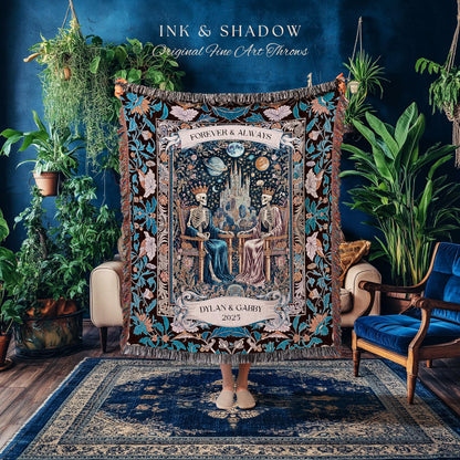 May include: A decorative throw blanket with a dark background, featuring a celestial and skeletal design. The blanket has a fringed edge and includes the text "INK & SHADOW Original Fine Art Throws", "FOREVER & ALWAYS", and a personalized name and date.