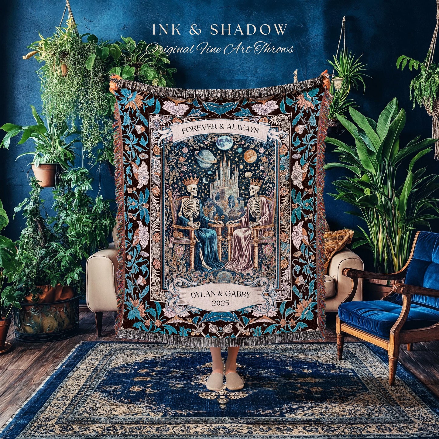 May include: A decorative throw blanket with a dark background, featuring a celestial and skeletal design. The blanket has a fringed edge and includes the text "INK & SHADOW Original Fine Art Throws", "FOREVER & ALWAYS", and a personalized name and date.