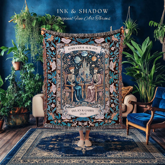 May include: A decorative throw blanket with a dark background, featuring a celestial and skeletal design. The blanket has a fringed edge and includes the text "INK & SHADOW Original Fine Art Throws", "FOREVER & ALWAYS", and a personalized name and date.