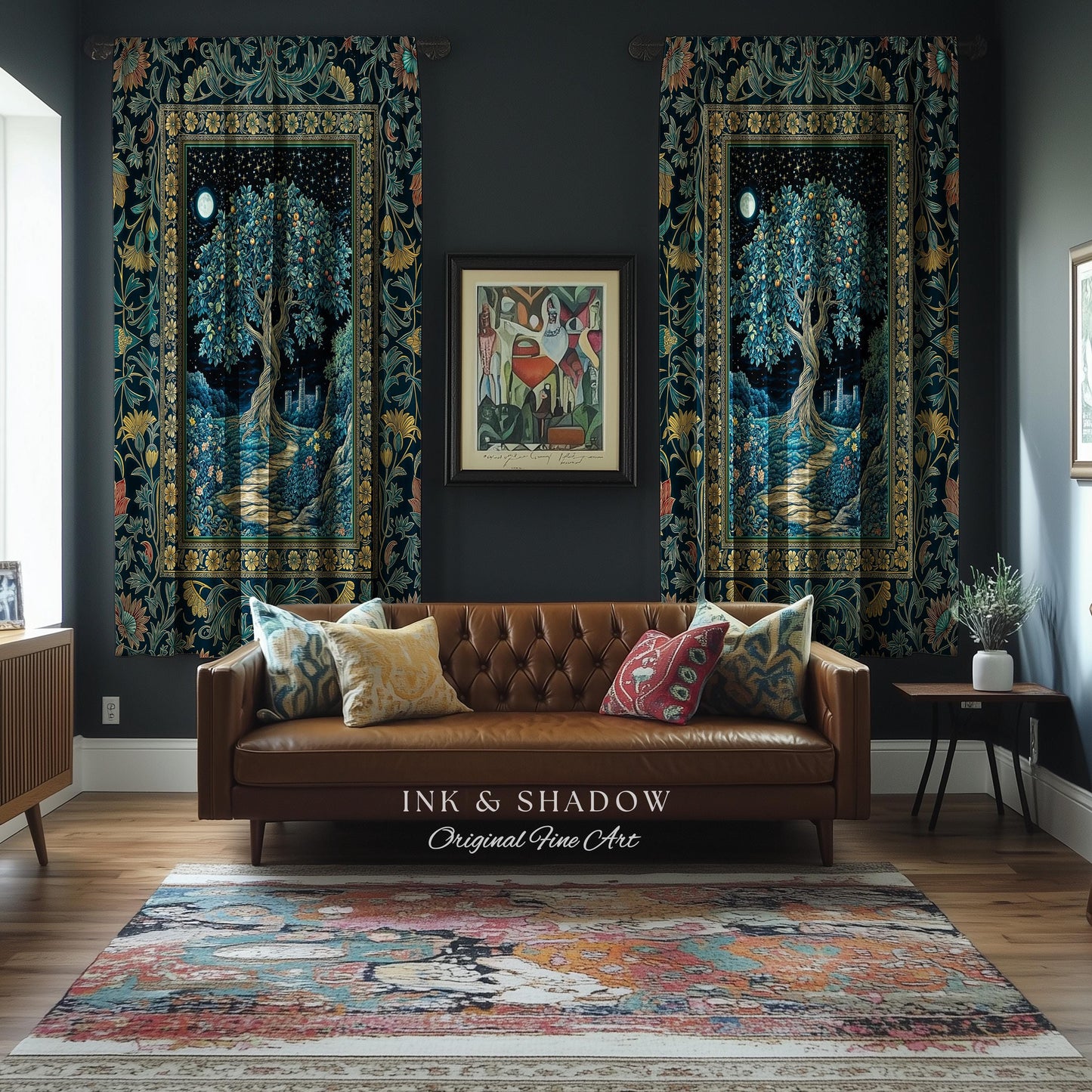 Enchanted Woodland Path Curtain | Dreamy Moonlit Medieval Garden Decor Celestial Willow Tree of Life Drapes Fantasy Style Gothic Academia