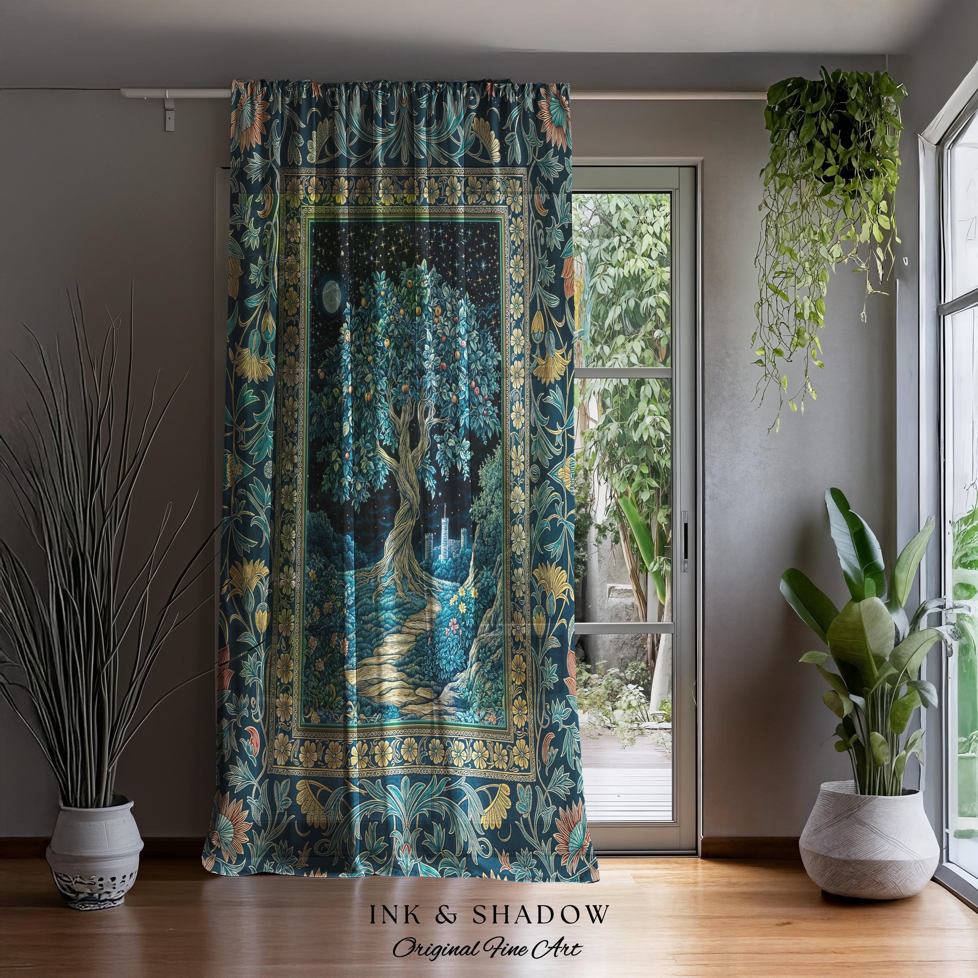 Enchanted Woodland Path Curtain | Dreamy Moonlit Medieval Garden Decor Celestial Willow Tree of Life Drapes Fantasy Style Gothic Academia