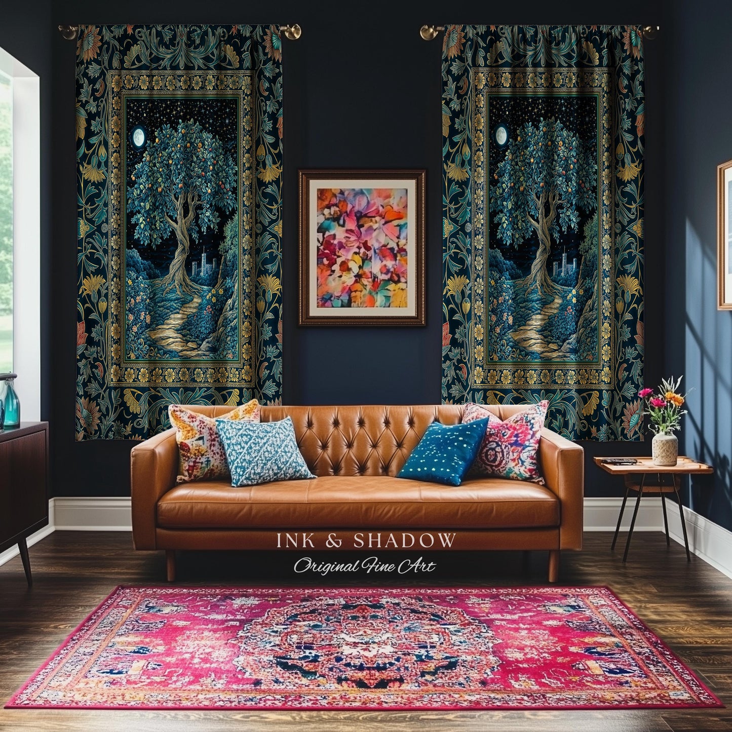 Enchanted Woodland Path Curtain | Dreamy Moonlit Medieval Garden Decor Celestial Willow Tree of Life Drapes Fantasy Style Gothic Academia