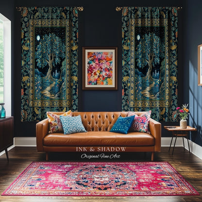 Enchanted Woodland Path Curtain | Dreamy Moonlit Medieval Garden Decor Celestial Willow Tree of Life Drapes Fantasy Style Gothic Academia