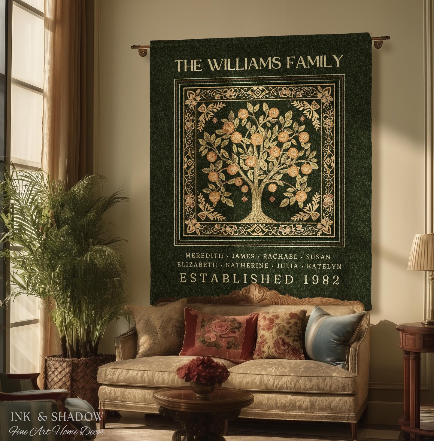 May include: A dark green family tapestry with gold accents, featuring a tree design and the text "THE WILLIAMS FAMILY." The tapestry includes names and "ESTABLISHED 1982." It hangs above a sofa with decorative pillows in a living room setting.