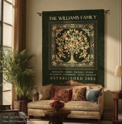 May include: A dark green family tapestry with gold accents, featuring a tree design and the text "THE WILLIAMS FAMILY." The tapestry includes names and "ESTABLISHED 1982." It hangs above a sofa with decorative pillows in a living room setting.