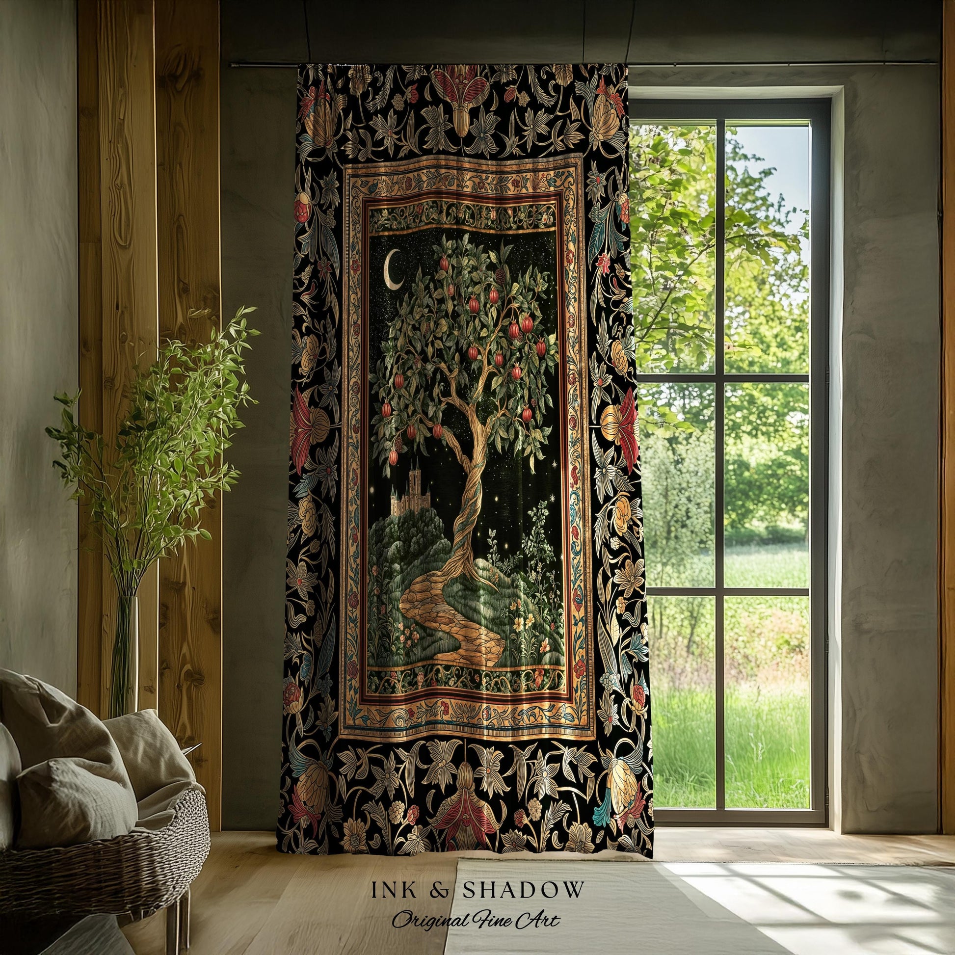 Moonlit Magic Whimsical Tree Curtain | Celestial Forest Midnight Aesthetic Folklore Fairy Tale Decor Medieval Style Mystic Whimsigoth Home