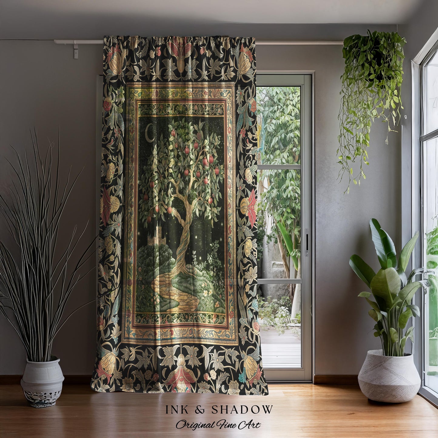 Moonlit Magic Whimsical Tree Curtain | Celestial Forest Midnight Aesthetic Folklore Fairy Tale Decor Medieval Style Mystic Whimsigoth Home