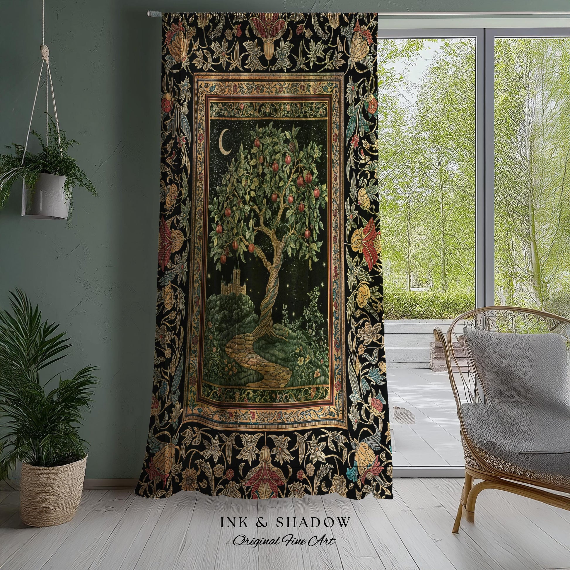 Moonlit Magic Whimsical Tree Curtain | Celestial Forest Midnight Aesthetic Folklore Fairy Tale Decor Medieval Style Mystic Whimsigoth Home