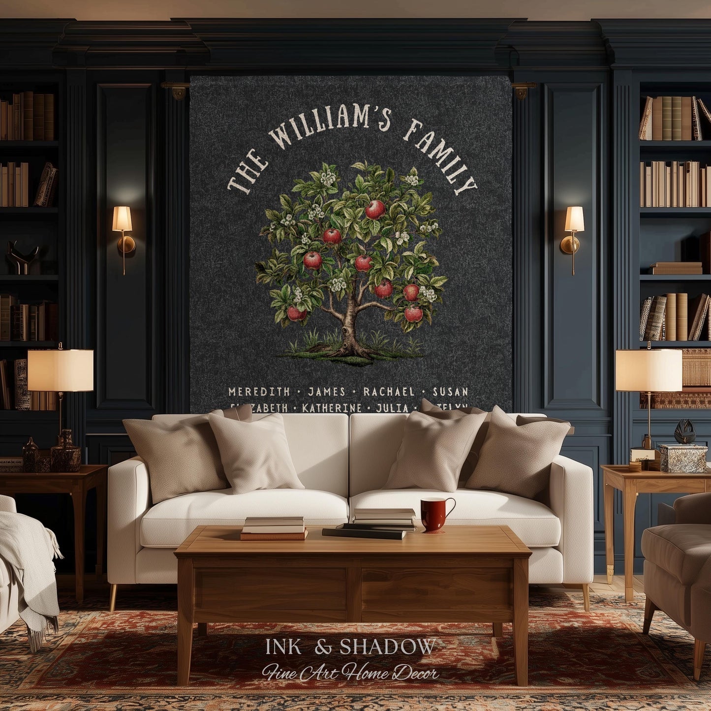May include: A living room scene featuring a white sofa, wooden coffee table, and a large family tree art piece. The artwork displays the text "THE WILLIAM'S FAMILY" and a tree with red apples. The room has dark blue walls, bookshelves, and lamps.