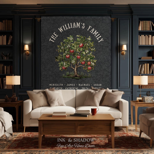 May include: A living room scene featuring a white sofa, wooden coffee table, and a large family tree art piece. The artwork displays the text "THE WILLIAM'S FAMILY" and a tree with red apples. The room has dark blue walls, bookshelves, and lamps.