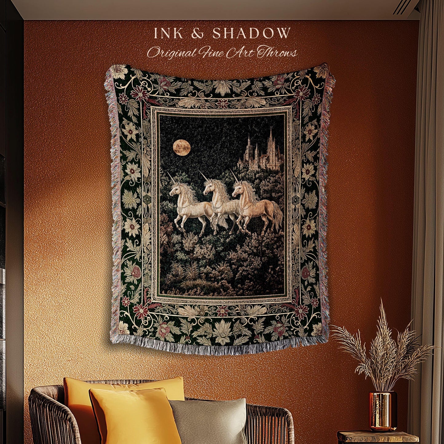 Fairytale Theme Moonlit Ethereal Tapestry | Unicorn Royalcore Woven Blanket Castle Aesthetic Dreamy Bedroom Baroque Home Accent Gothic Art |